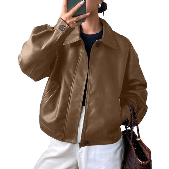 PRETTYGARDEN Women's Faux Leather Oversized Motorcycle Jackets Fall Zip Up Jacket, Collared Neck, Button Cuff, Relaxed Fit, Long Sleeve, Casual Outerwear, Winter Coats, Fashion Clothing
