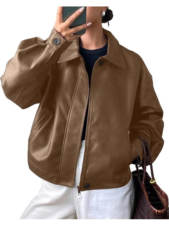 Women's Faux Leather Oversized Motorcycle Jackets Fall Zip Up Jacket, Collared Neck, Button Cuff, Relaxed Fit, Long Sleeve, Casual Outerwear, Winter Coats, Fashion Clothing