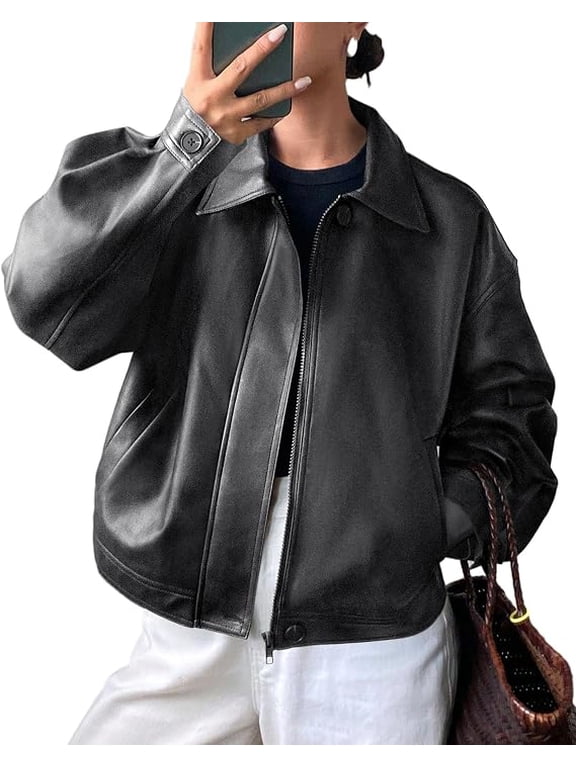 Women's Faux Leather Oversized Motorcycle Jackets Fall Zip Up Jacket, Collared Neck, Button Cuff, Relaxed Fit, Long Sleeve, Casual Outerwear, Winter Coats, Fashion Clothing