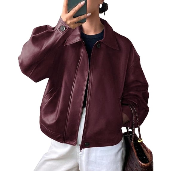 PRETTYGARDEN Women's Faux Leather Oversized Motorcycle Jackets Fall Zip Up Jacket, Collared Neck, Button Cuff, Relaxed Fit, Long Sleeve, Casual Outerwear, Winter Coats, Fashion Clothing