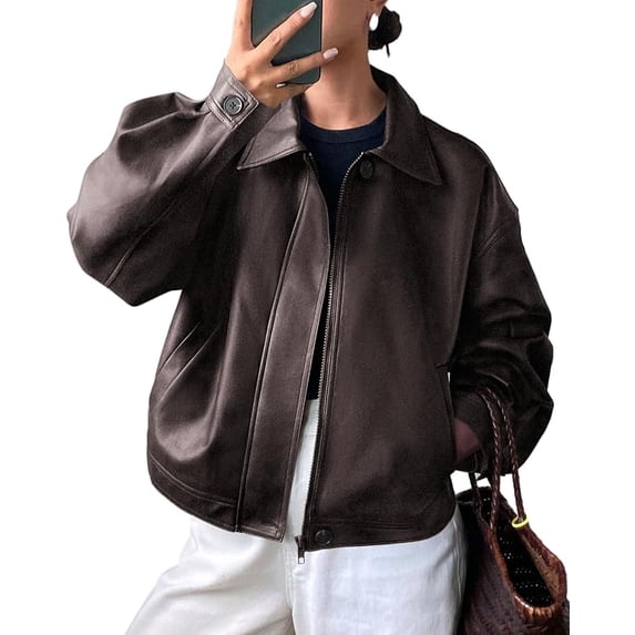 PRETTYGARDEN Women's Faux Leather Oversized Motorcycle Jackets Fall Zip Up Jacket, Collared Neck, Button Cuff, Relaxed Fit, Long Sleeve, Casual Outerwear, Winter Coats, Fashion Clothing