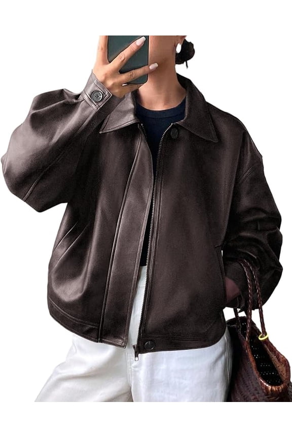 Women's Faux Leather Oversized Motorcycle Jackets Fall Zip Up Jacket, Collared Neck, Button Cuff, Relaxed Fit, Long Sleeve, Casual Outerwear, Winter Coats, Fashion Clothing