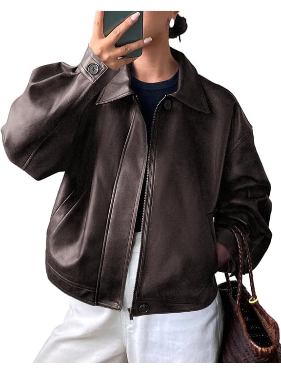 Women's Faux Leather Oversized Motorcycle Jackets Fall Zip Up Jacket, Collared Neck, Button Cuff, Relaxed Fit, Long Sleeve, Casual Outerwear, Winter Coats, Fashion Clothing