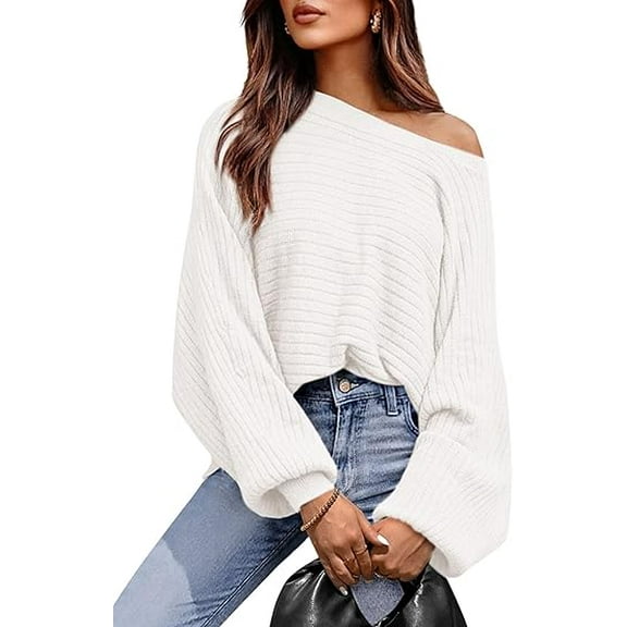 PRETTYGARDEN Women's Off The Shoulder Sweater Fall Fashion Pullover Long Sleeve Boat Neck Oversized Ribbed Knit Tops