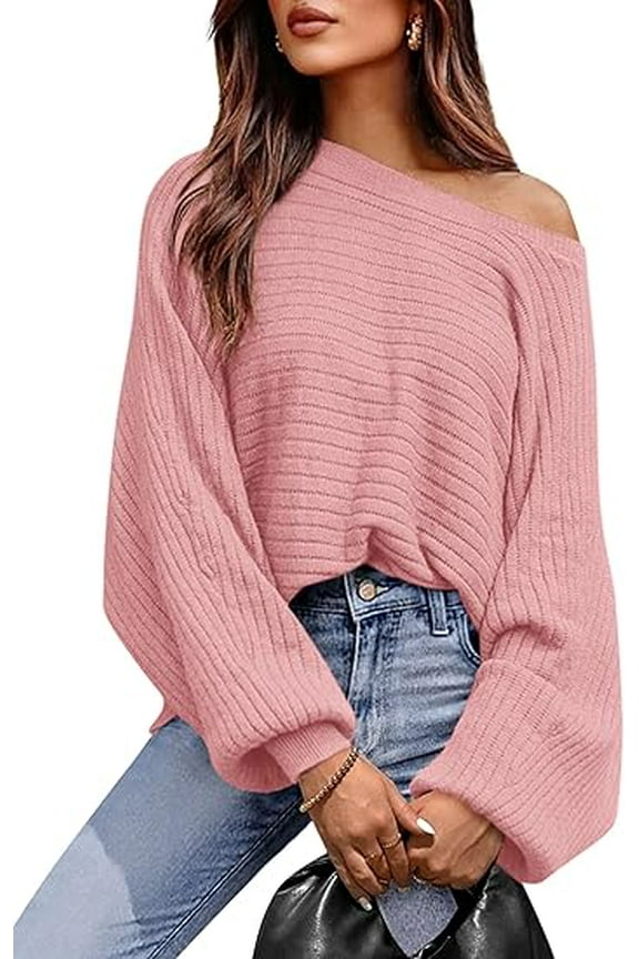 Women's Off The Shoulder Sweater Fall Fashion Pullover Long Sleeve Boat Neck Oversized Ribbed Knit Tops