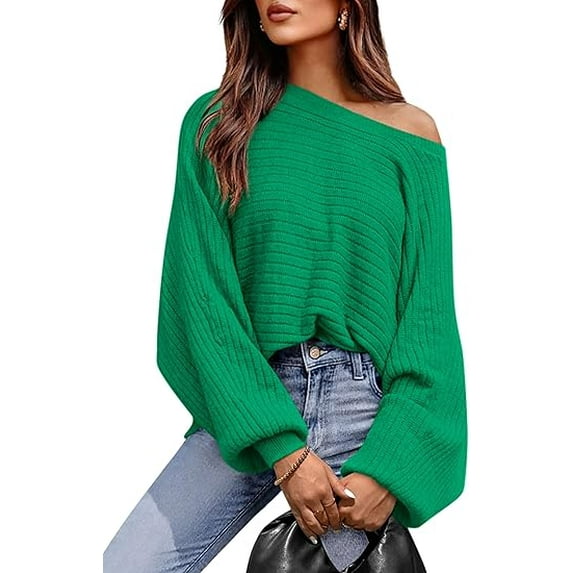 PRETTYGARDEN Women's Off The Shoulder Sweater Fall Fashion Pullover Long Sleeve Boat Neck Oversized Ribbed Knit Tops