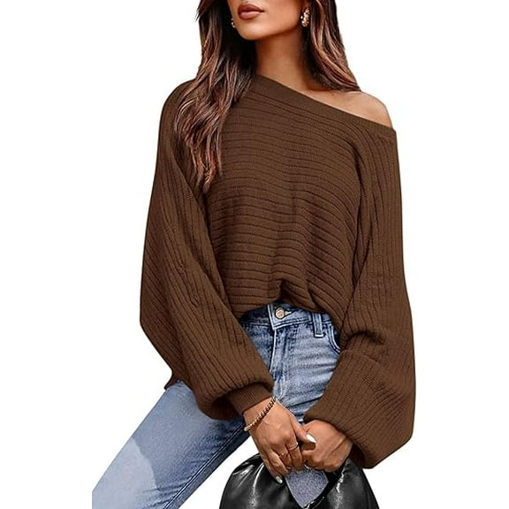 PRETTYGARDEN Women's Off The Shoulder Sweater Fall Fashion Pullover Long Sleeve Boat Neck Oversized Ribbed Knit Tops