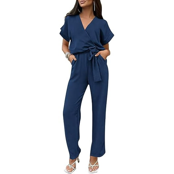 PRETTYGARDEN Women's One Piece Jumpsuits Dressy Casual Summer Short Sleeve Wrap V Neck Belted Wide Leg Pants Romper