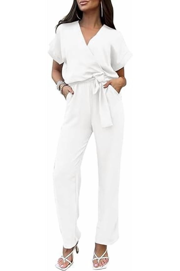 Women's One Piece Jumpsuits Dressy Casual Summer Short Sleeve Wrap V Neck Belted Wide Leg Pants Romper