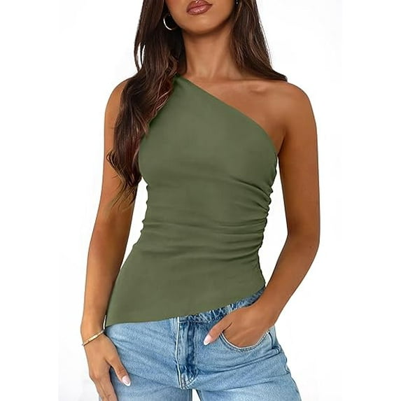 PRETTYGARDEN Women's One Shoulder Sleeveless Ruched Knit Asymmetrical Tank Top