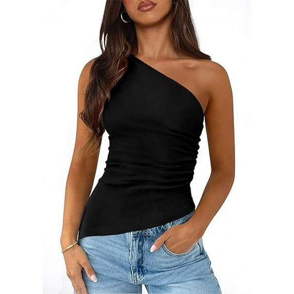 PRETTYGARDEN Women's One Shoulder Sleeveless Ruched Knit Asymmetrical Tank Top