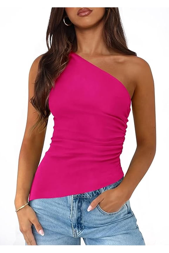 Women's One Shoulder Sleeveless Ruched Knit Asymmetrical Tank Top