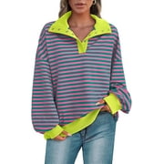 PRETTYGARDEN Women's Oversized Striped Sweatshirts Spring Fall Trendy Casual Long Sleeve Button Up Tops Shirt Preppy Clothes