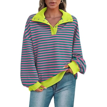 PRETTYGARDEN Women's Oversized Striped Sweatshirts Spring Fall Trendy Casual Long Sleeve Button Up Tops Shirt Preppy Clothes