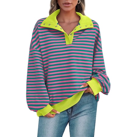PRETTYGARDEN Women's Oversized Striped Sweatshirts Spring Fall Trendy Casual Long Sleeve Button Up Tops Shirt Preppy Clothes