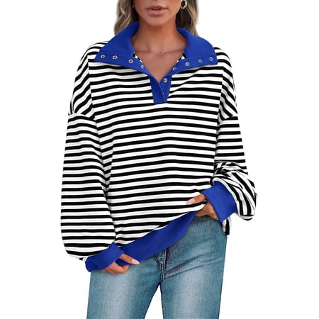 PRETTYGARDEN Women's Oversized Striped Sweatshirts Spring Fall Trendy Casual Long Sleeve Button Up Tops Shirt Preppy Clothes