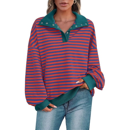 PRETTYGARDEN Women's Oversized Striped Sweatshirts Spring Fall Trendy Casual Long Sleeve Button Up Tops Shirt Preppy Clothes