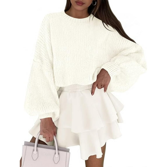 PRETTYGARDEN Women's Oversized Sweaters Fall Chunky Knit Pullover Lantern Sleeve Crewneck Jumper Tops Trendy Clothes