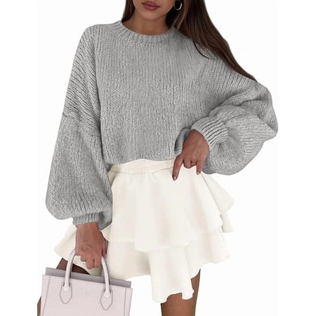 PRETTYGARDEN Women's Oversized Sweaters Fall Chunky Knit Pullover Lantern Sleeve Crewneck Jumper Tops Trendy Clothes