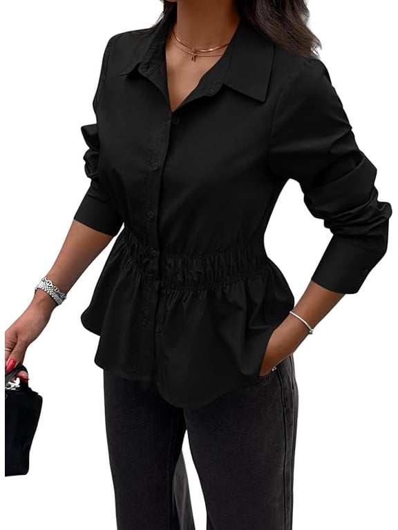 Women's Peplum Button Down Work Shirts Cotton Long Sleeve, Collared Business Casual Tops, Elastic Waist, Fall Blouses Dressy, Teacher Clothes for Office, Going Out