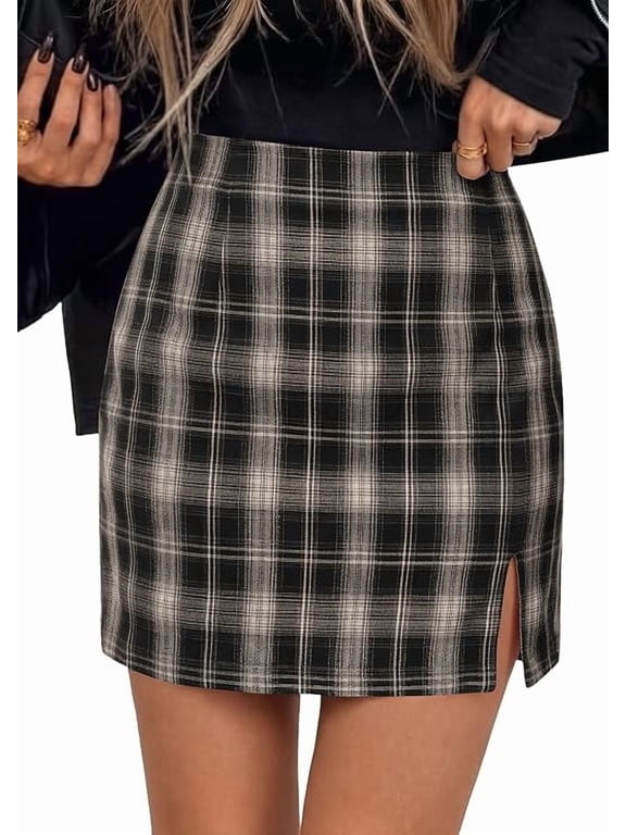 Women's Plaid Mini Bodycon Pencil Skirts Going Out Bottoms, Skirt with Shorts Underneath, High Elastic Waist, Slit, Fall Y2K Clothes for Date Night & Holiday Party