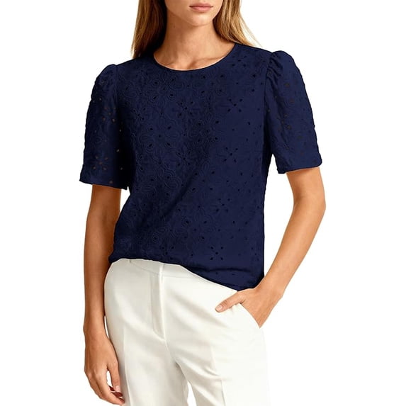 PRETTYGARDEN Women's Puff Short Sleeve Eyelet Shirts Summer Lace Blouses Dressy Casual Work Tops Spring Teacher Clothes