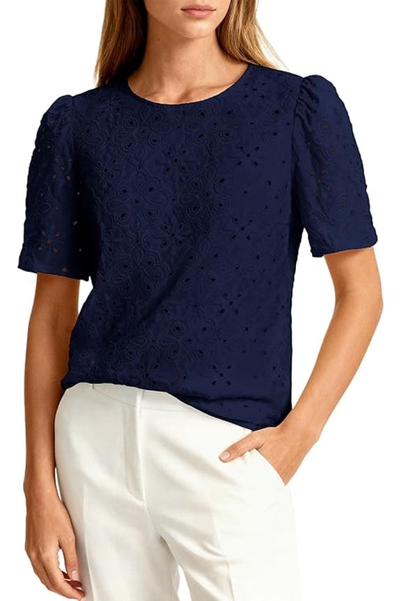 Women's Puff Short Sleeve Eyelet Shirts Summer Lace Blouses Dressy Casual Work Tops Spring Teacher Clothes