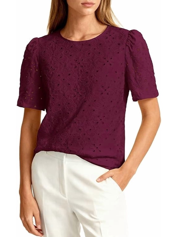 Women's Puff Short Sleeve Eyelet Shirts Summer Lace Blouses Dressy Casual Work Tops Spring Teacher Clothes