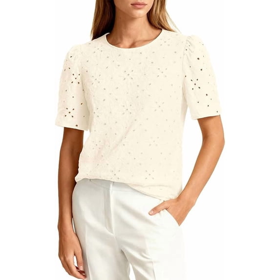 PRETTYGARDEN Women's Puff Short Sleeve Eyelet Shirts Summer Lace Blouses Dressy Casual Work Tops Spring Teacher Clothes