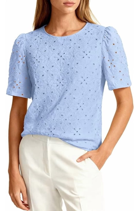Women's Puff Short Sleeve Eyelet Shirts Summer Lace Blouses Dressy Casual Work Tops Spring Teacher Clothes