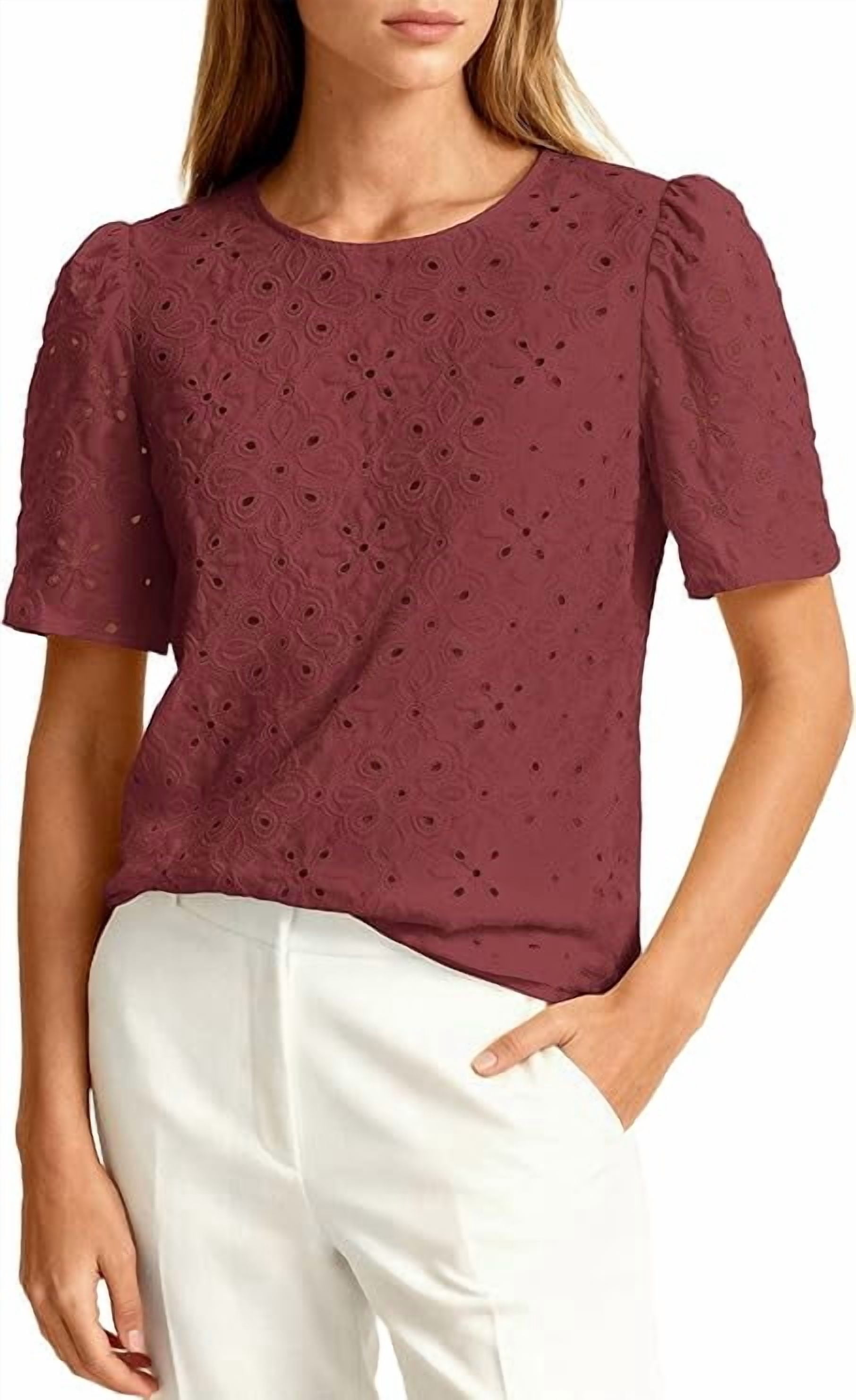 PRETTYGARDEN Women's Puff Short Sleeve Eyelet Shirts Summer Lace