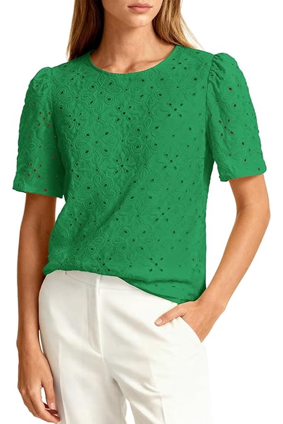 Women's Puff Short Sleeve Eyelet Shirts Summer Lace Blouses Dressy Casual Work Tops Spring Teacher Clothes