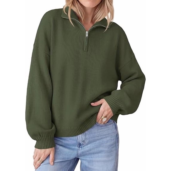 PRETTYGARDEN Women's Quarter Zip Pullover Oversized Sweaters Collared Neck, Long Balloon Sleeve, Jumper Tops, Soft Cozy Knit, Ribbed Hem, Loose Fit, Fall Outfits, Winter Fashion Clothing