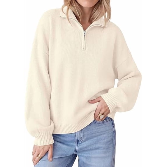 PRETTYGARDEN Women's Quarter Zip Pullover Oversized Sweaters Collared Neck, Long Balloon Sleeve, Jumper Tops, Soft Cozy Knit, Ribbed Hem, Loose Fit, Fall Outfits, Winter Fashion Clothing