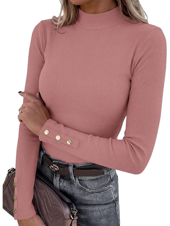 Women's Ribbed Mock Neck Long Sleeve Tops | Slim Fitted T-Shirts, Soft Stretch, Decorative Buttons, Going Out Work Casual Wear, Fall Outfits Layering Winter Clothes