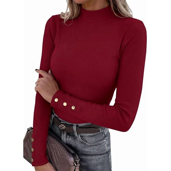PRETTYGARDEN Women's Ribbed Mock Neck Long Sleeve Tops | Slim Fitted T-Shirts, Soft Stretch, Decorative Buttons, Going Out Work Casual Wear, Fall Outfits Layering Winter Clothes