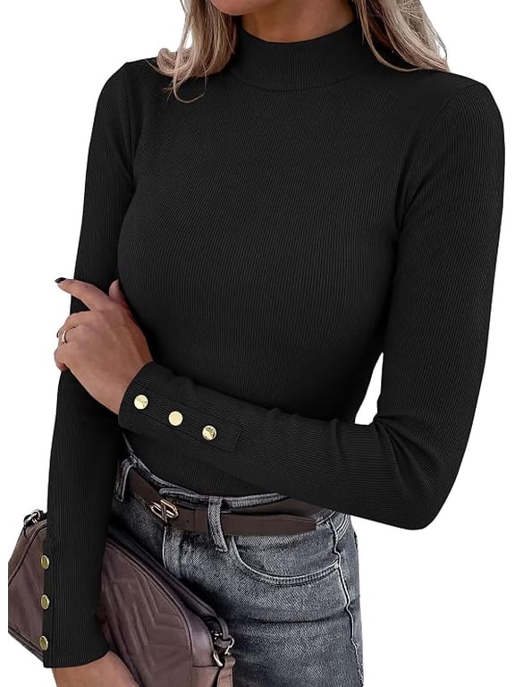 Women's Ribbed Mock Neck Long Sleeve Tops | Slim Fitted T-Shirts, Soft Stretch, Decorative Buttons, Going Out Work Casual Wear, Fall Outfits Layering Winter Clothes
