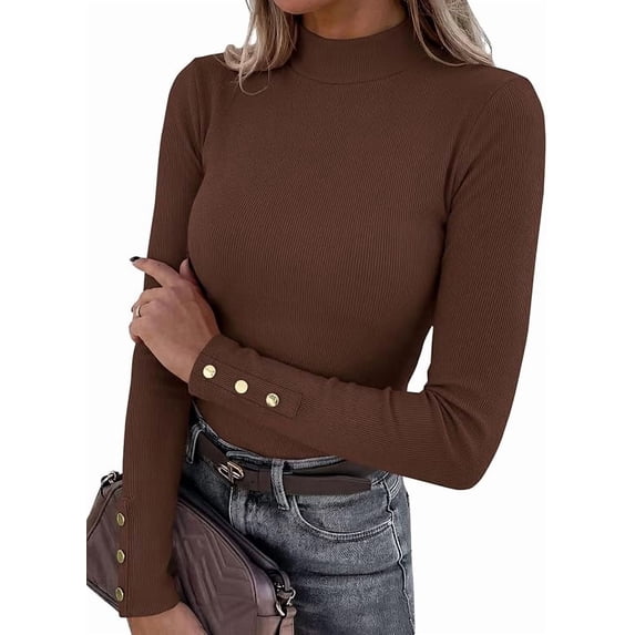 PRETTYGARDEN Women's Ribbed Mock Neck Long Sleeve Tops | Slim Fitted T-Shirts, Soft Stretch, Decorative Buttons, Going Out Work Casual Wear, Fall Outfits Layering Winter Clothes