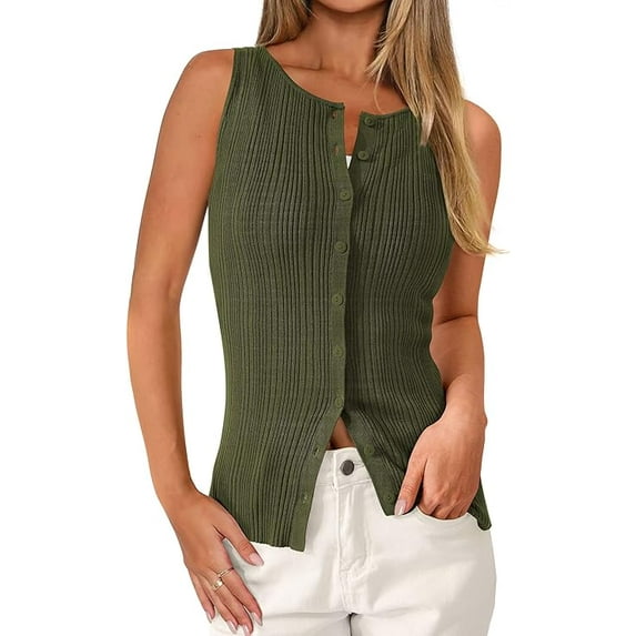 PRETTYGARDEN Women's Ribbed Tank Tops Summer Open Front Button Down Sleeveless Shirts Going Out Spring Fashion Vest Tops