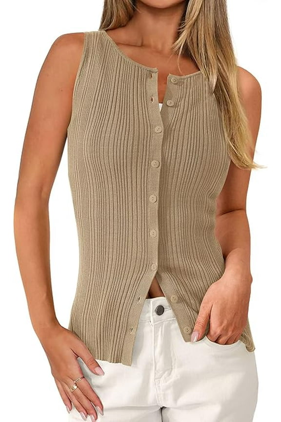 Women's Ribbed Tank Tops Summer Open Front Button Down Sleeveless Shirts Going Out Spring Fashion Vest Tops