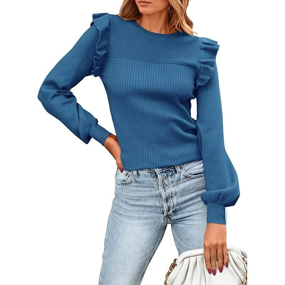 PRETTYGARDEN Women's Ruffle Long Sleeve Sweaters Crew Neck Lightweight Sweater Fall Trendy Ribbed Knit Pullover Tops