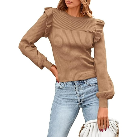 PRETTYGARDEN Women's Ruffle Long Sleeve Sweaters Crew Neck Lightweight Sweater Fall Trendy Ribbed Knit Pullover Tops