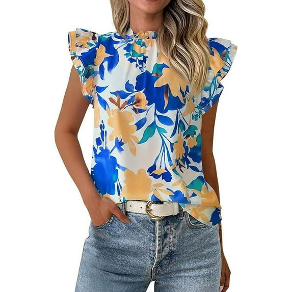 PRETTYGARDEN Women's Ruffle Short Sleeve Summer Tops Trendy Floral Trim Neck Casual Dressy Chiffon Boho Blouses Shirts