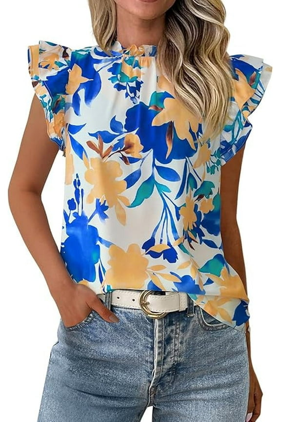 Women's Ruffle Short Sleeve Summer Tops Trendy Floral Trim Neck Casual Dressy Chiffon Boho Blouses Shirts