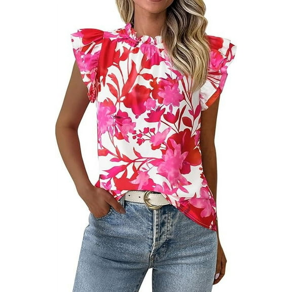 PRETTYGARDEN Women's Ruffle Short Sleeve Summer Tops Trendy Floral Trim Neck Casual Dressy Chiffon Boho Blouses Shirts