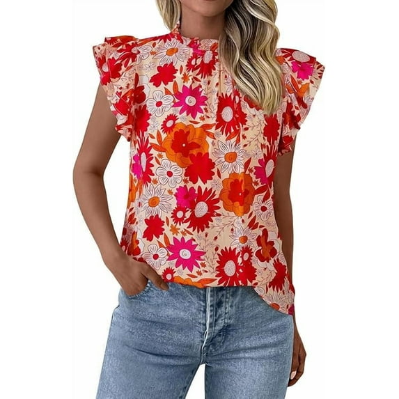 PRETTYGARDEN Women's Ruffle Short Sleeve Summer Tops Trendy Floral Trim Neck Casual Dressy Chiffon Boho Blouses Shirts