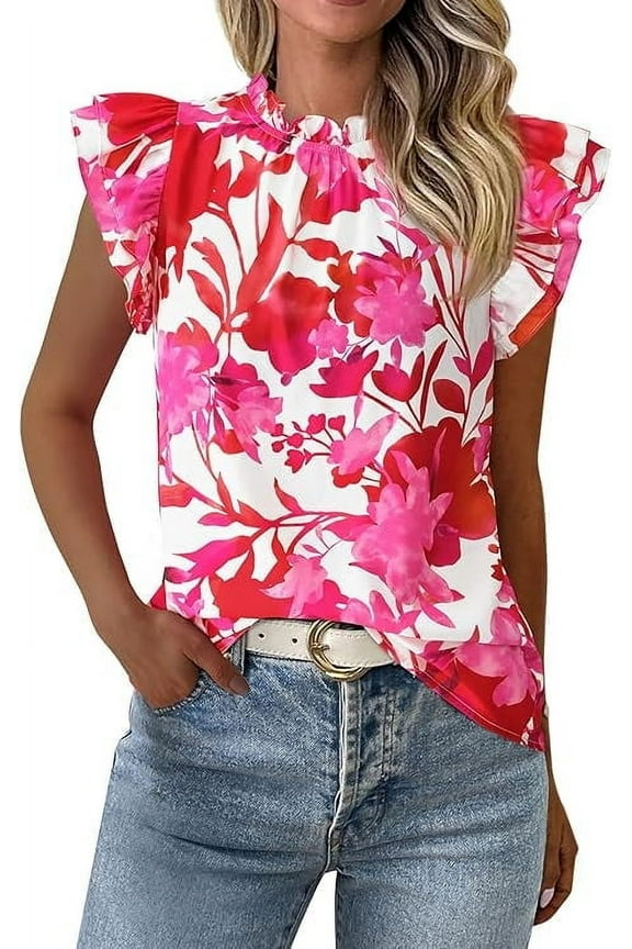 Women's Ruffle Short Sleeve Summer Tops Trendy Floral Trim Neck Casual Dressy Chiffon Boho Blouses Shirts