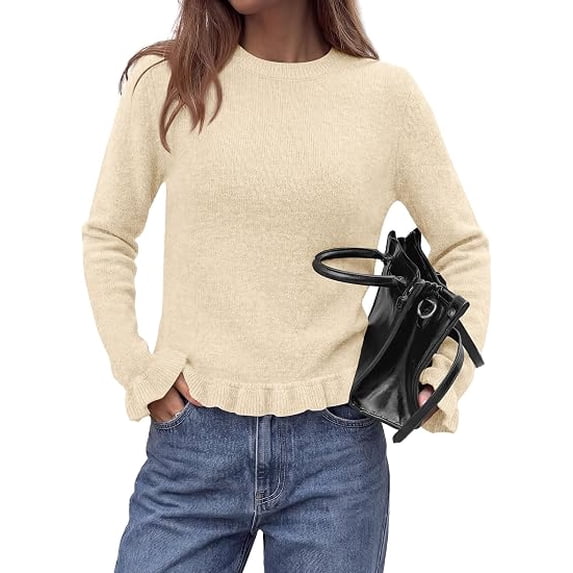 PRETTYGARDEN Women's Ruffle Sweaters Fall Fashion Cozy Knit Pullover Soft Stretchy, Crewneck Long Sleeve, Cute Peplum Tops, Dressy Casual Blouses, Going Out Holiday, Trendy Winter Outfits