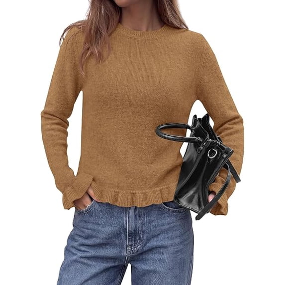 PRETTYGARDEN Women's Ruffle Sweaters Fall Fashion Cozy Knit Pullover Soft Stretchy, Crewneck Long Sleeve, Cute Peplum Tops, Dressy Casual Blouses, Going Out Holiday, Trendy Winter Outfits