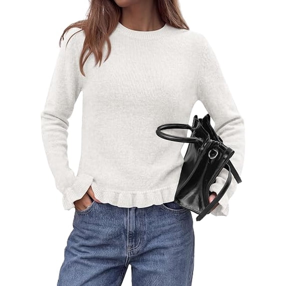 PRETTYGARDEN Women's Ruffle Sweaters Fall Fashion Cozy Knit Pullover Soft Stretchy, Crewneck Long Sleeve, Cute Peplum Tops, Dressy Casual Blouses, Going Out Holiday, Trendy Winter Outfits